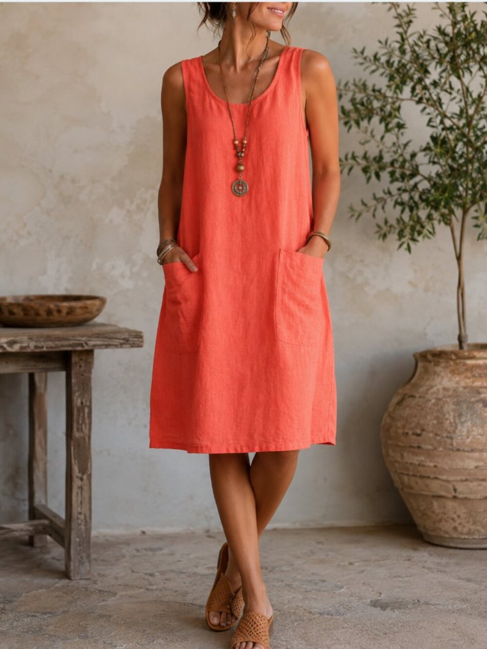 Eva Tralala 100% Linen Coral Shift Dress Pockets S Paris Lagenlook Coastal NWT